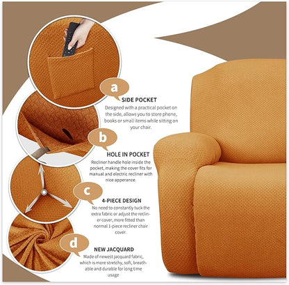 JIVINER 4-Piece Recliner Chair Covers Stretch Jacquard Covers for Recliner Chair Recliner Slipcovers for Living Room Soft Recliner Protector with Pocket (Recliner, Orange)