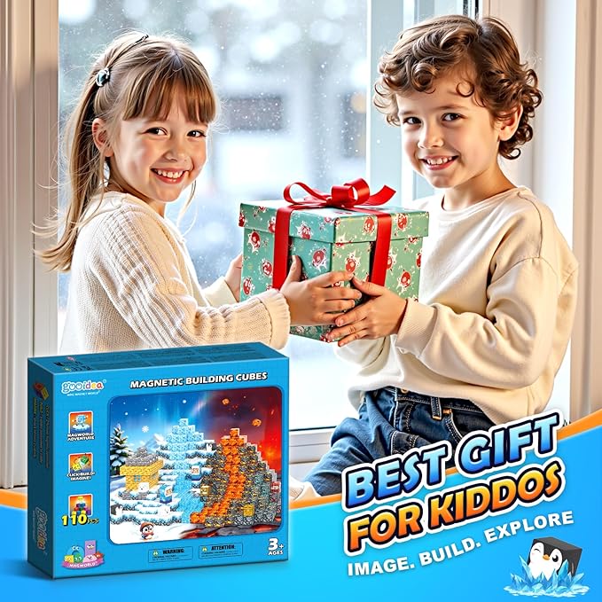 Gooidea Large Magnetic Blocks 110PCS Ice Fire World Inspired Playset Kids Magnet Toys 1 inch Building Cubes Magworld Add-on Building Craft Sensory Toys Game Gifts for Kids Ages 3-5 4-6 5-7 8-12