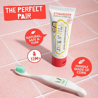Jack N' Jill Toddler Toothbrush and Toothpaste Combo - Baby Toothbrush 12 Months and Up, 1 Year Old Toothbrush and Toothpaste Set, Fluoride Free - 1 Kids Toothbrush and 1 Strawberry Toothpaste