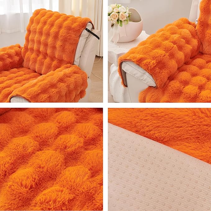 vctops Faux Fur Fluffy Recliner Chair Slipcover Faux Rabbit Fur Non Slip Sofa Cover Super Soft Plush Thick Couch Cover Furniture Protector with Elastic Straps for Kids, Dogs, Pets(Orange,24")