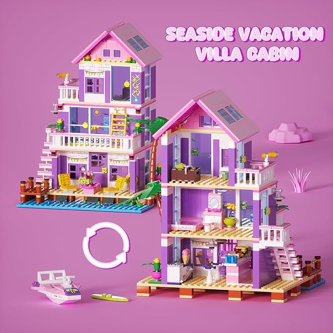 Beach House Building Sets, Seaside Villa House Building Toys Compatible with Lego Friends Sets for Girls Age 8-12, Creative Holiday Cottage Building Kit, Gift for Christmas, Valentine's Day, Party