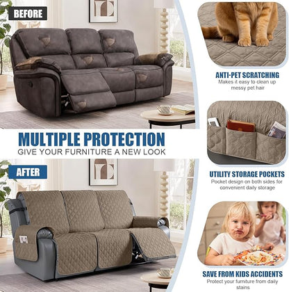 TAOCOCO 100% Waterproof Recliner Covers, Recliner Sofa Covers with Leg Straps, Reversible Recliner Couch Cover for Reclining Chair, Washable Couch Protector for Pets Kids(3 Seater, Khaki)
