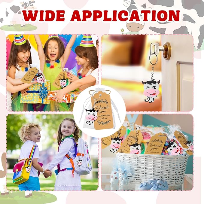 Sasylvia 144 Pcs Cow Party Supplies Include 36 Sets Cow Keychain Thanks Kraft Tags Rubber Bracelets White Organza Bags Cow Party Favors Cow Themed Party Decorations for Baby Shower Girl Boy