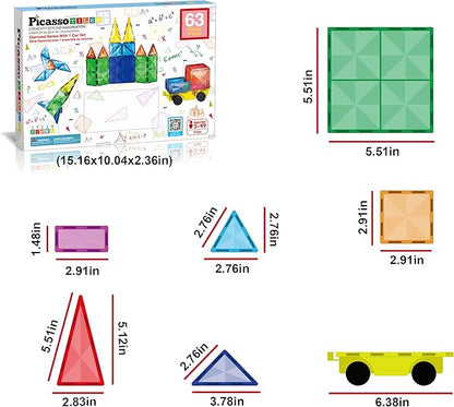 PicassoTiles 63 Piece Magnetic Building Block Construction Toy Set Diamond Magnet Tile Blocks with Car Truck STEM Learning Kit Early Education Builder Playset Toys for Children Toddler Boy Girl Age 3+