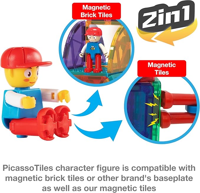 PicassoTiles 353pcsMagnetic Brick Tile and Magnetic Tile Combo Set, Action Figures Included, Building Blocks STEM Toys, Educational Montessori Preschool Toddler Classroom Learning Toys, Kids Activity