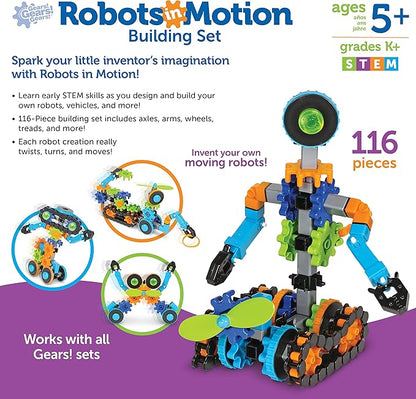 Learning Resources Gears! Gears! Gears! Robots in Motion Building Set - 116 Pieces, Ages 5+, Robot Toy, STEM Toys for Kids, Robots for Kids