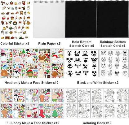 JOYIN Christmas 20 Pcs Make-a-face Stickers, 10 Pcs Coloring Book, 10 Pcs Rainbow Color Scratch, Christmas Art & Craf Kit Combo Set for Kids Girls and Boys, Holiday Presents and Party Favors