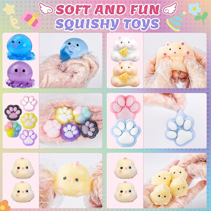 20Pcs Taba Squishy Pack Fidget Toys, Include Squishies Chick, Cat Paws, Hamster, Strawberry Toys, Sensory Toys for Kids, Classroom Birthday Gifts, Goodie Bag Stress Relief Toys (11big+9small)