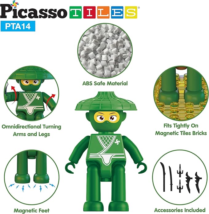 Picasso Toys Magnetic Figures 4 Piece Ninja Character Action Building Block Tiles Toddler Toy Set Magnet Expansion Pack Ages 3 and up Educational STEM Learning Kit Pretend Playset Construction PTA14