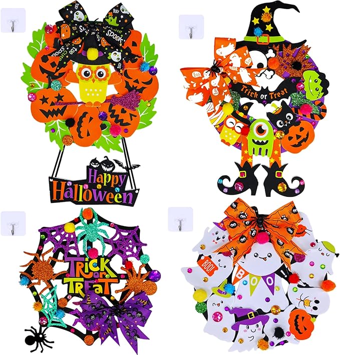 Winlyn 12 Sets Halloween Wreath Signs Decorations DIY Halloween Craft Kits Fall Kids Crafts Art Sets Ghost Spider Web Witch Hat Pumpkin Foam Stickers Arts and Crafts for Kids Home Classroom Activities