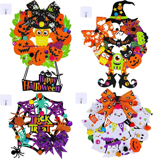 Winlyn 12 Sets Halloween Wreath Signs Decorations DIY Halloween Craft Kits Fall Kids Crafts Art Sets Ghost Spider Web Witch Hat Pumpkin Foam Stickers Arts and Crafts for Kids Home Classroom Activities