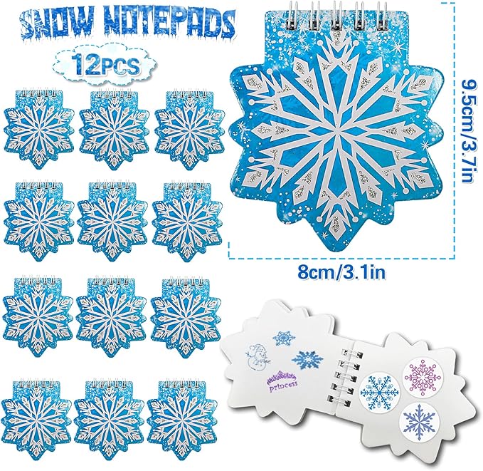 Snowflake Birthday Party Favors Supplies Kids Girl Winter Party Decorations Set Include 12 Invisible Ink Pen,12 Mini Notebook,12 Slap Bracelets,12 Silicone Keychains, 12 Stampers,1 Snowflake Sticker