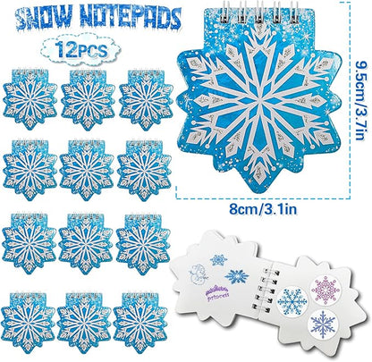 Snowflake Birthday Party Favors Supplies Kids Girl Winter Party Decorations Set Include 12 Invisible Ink Pen,12 Mini Notebook,12 Slap Bracelets,12 Silicone Keychains, 12 Stampers,1 Snowflake Sticker