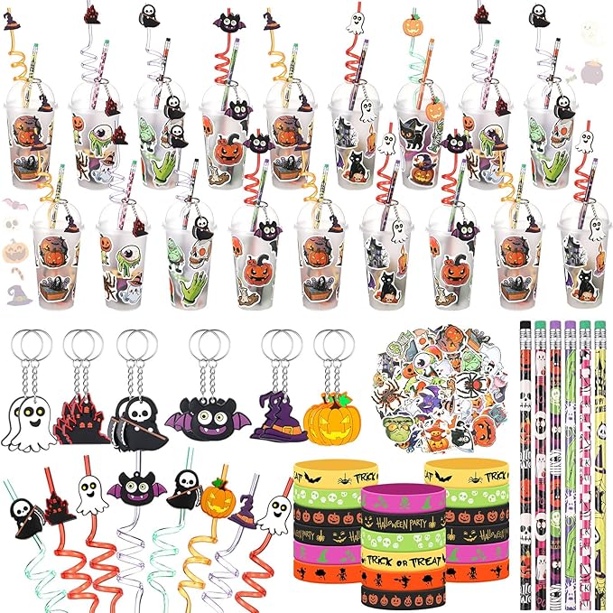 24 Set Halloween Party Favors Gift Cups Filler for Students, Halloween Goodie Bag Fillers, Halloween Treats Non Candy, Halloween Keychain Pencil Straw Silicone Bracelet for Classroom Gifts