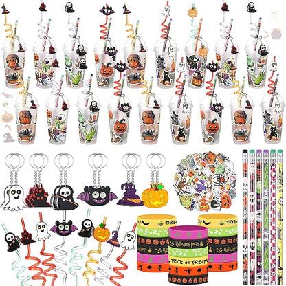 24 Set Halloween Party Favors Gift Cups Filler for Students, Halloween Goodie Bag Fillers, Halloween Treats Non Candy, Halloween Keychain Pencil Straw Silicone Bracelet for Classroom Gifts