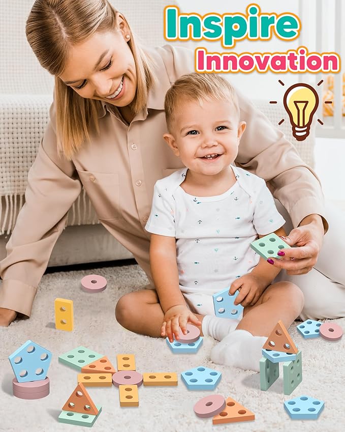 Montessori Toys for 1 2 3 Year Old Boys Girls Toddlers, Wooden Sensory Toys for Ages 2-4 0-2, 1 2 Year Old Boy Girl Birthday Gifts, Educational Toddler Learning Puzzles Toys - Macaron
