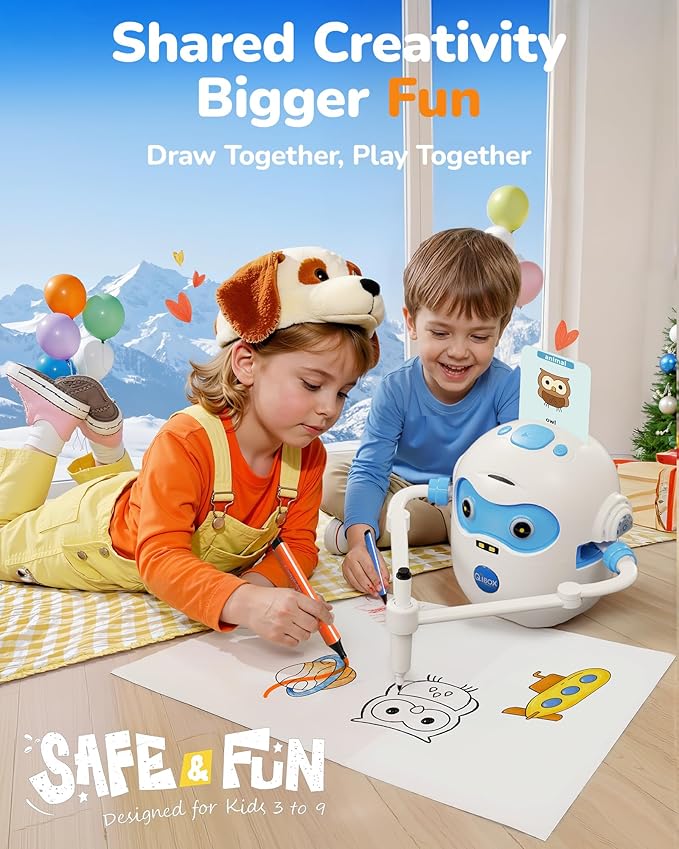 Drawing Robot for Kids, Rechargeable 4-in-1 Draw/Learn/Spell/Music Interactive Educational Robot Drawing Machine with 100 Cards & 12 Color Pens, Learning Toys for 3-8 Year Old Boys Girls Birthday Xmas