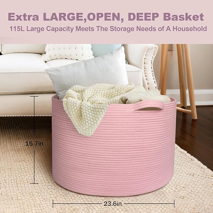MEGASKET 115L Oversized Pink Basket, 23.6"x15.7" Woven Cotton Rope Bin with Handles, XXXL Blanket Storage for Living Room, Kids Toy Storage Bin Box, Baby Laundry Basket for Organizing, Pink Room Decor