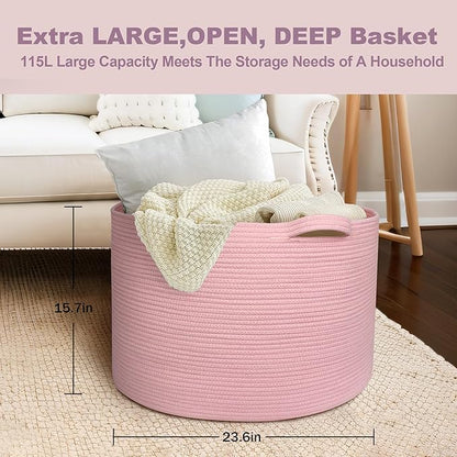MEGASKET 115L Oversized Pink Basket, 23.6"x15.7" Woven Cotton Rope Bin with Handles, XXXL Blanket Storage for Living Room, Kids Toy Storage Bin Box, Baby Laundry Basket for Organizing, Pink Room Decor