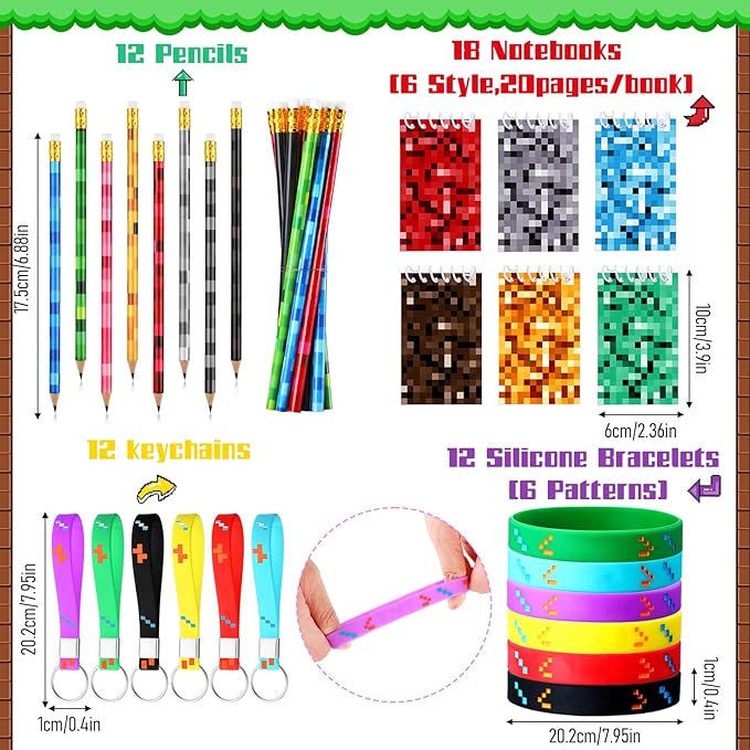 Paterr 103 Pcs pixel Birthday Party Favor Supplies Include Drawstring Bags Silicone Bracelets Badge Buttons Spiral Notebooks Pencils Bookmarks and Stickers for Carnival Prizes Gift Decorations