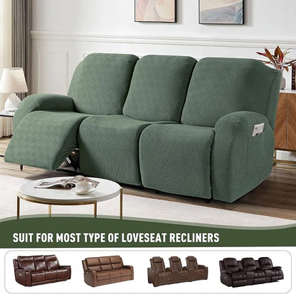 KinCam Recliner Covers, Stretch Reclining Chair Covers, Recliner Sofa Slipcovers Stripe Jacquard Recliner Couch Covers Furniture Protector Covers for Pet Kid (3 Seater, Greyish Green)