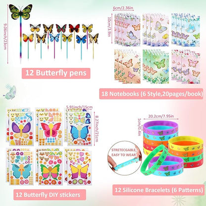 140 Pcs Butterfly Party Favors Spring Butterfly Birthday Party Supplies Include Mini Notebook Pen Keychain Bracelet Drawstring Bag Sticker Fairy Party Favor for Birthday Party Supply