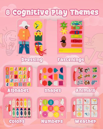Busy Board for 1 Year Old, Busy Book for Toddlers 1-3, 2 Year Old Girl Toys, Montessori Toys for 1 Year Old, Educational Sensory Activities, Learning Fine Motor Skills Travel Toy for Girls(Pink)