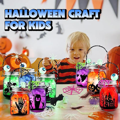 Shemira Halloween Craft Kit for Kids, 8 pcs Glass Mason Jar with Accessories for DIY Lantern Jar, Halloween Art & Craft Party Supplies, Halloween Art Activities,Halloween Craft and Art Party Supplies