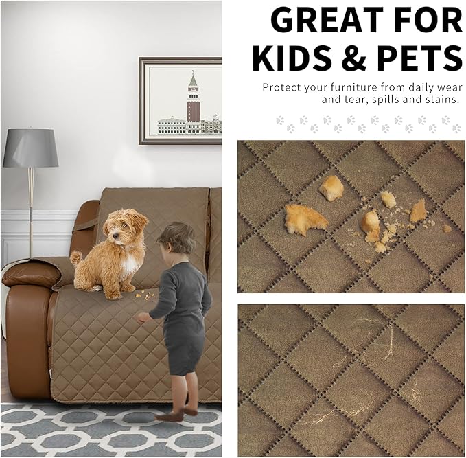 Easy-Going Recliner Sofa Cover, Reversible Couch Cover for 3 Seat Recliner, Split Sofa Cover for Each Seat, Furniture Protector with Elastic Straps for Kids, Dogs, Pets(3 Seater, Camel/Ivory)