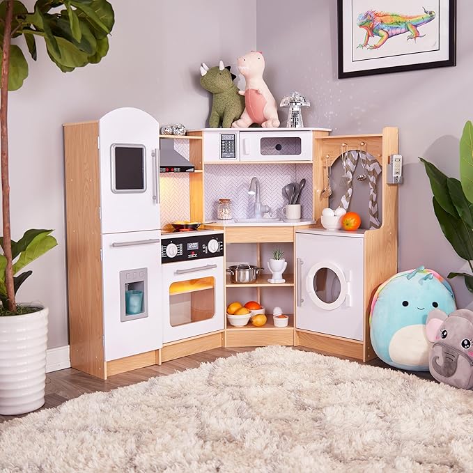 Lil' Jumbl Kids Corner Kitchen Set, Pretend Wooden Deluxe Play Kitchen, Battery Operated Icemaker, Stovetop & Faucet with Realistic Sound - Natural