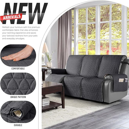 TAOCOCO 100% Waterproof Recliner Sofa Cover-Non Slip Split Couch Covers for Reclining Couches with Elastic Straps,Couch Covers for 3 Cushion Couch Sofa Pet Friendly(Black Gray, 3 Seater)