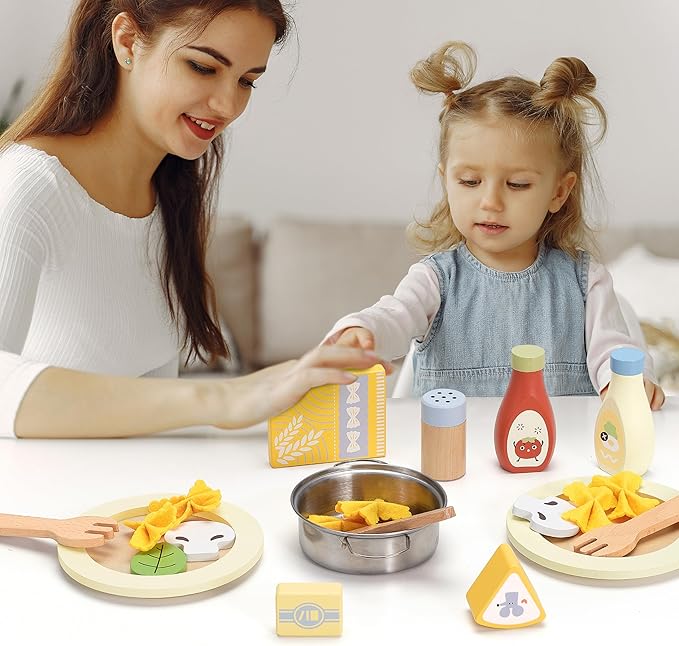 Pasta Food Toys, Wooden Play Kitchen Food , Play Food with Pots and Pans Playset, Kids Pretend Play Kitchen Accessories Toys Set for Girls Boys 3+Years Old