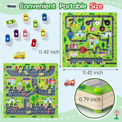 rifamee 2 in 1 Magnetic Color and Number Maze Magnet Alphabet Counting Double Sided Board Wood Puzzle Fine Motor Skills Montessori Preschool Toys Gifts for Boys and Girls 3-5 Age (Big Car, One Size)