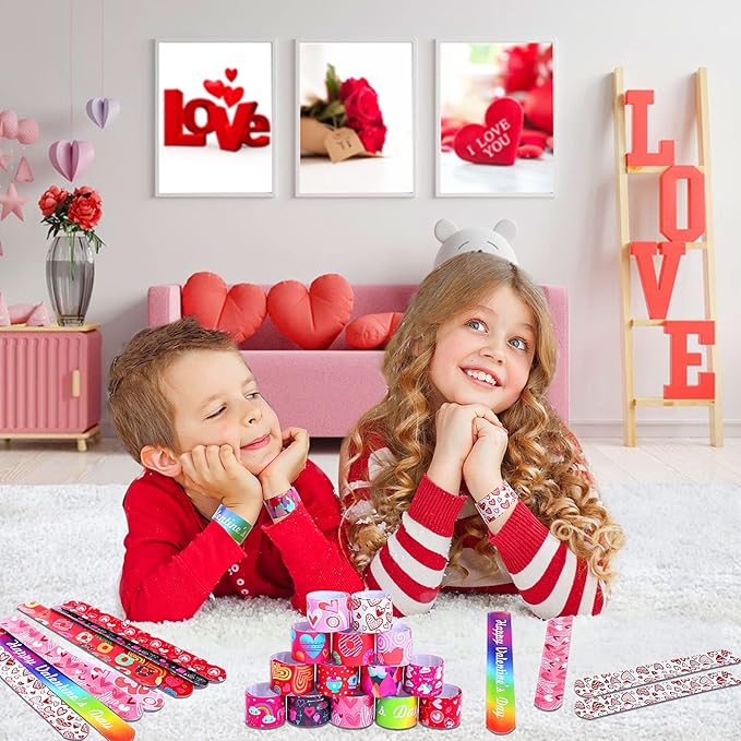 JUNEBRUSHS 56 PCS Valentines Slap Bracelets Valentine Day Party Favors Holiday Slap Wristbands Bulk Valentines Toys Prizes for Kids Girls Boys Birthday Party Supplies Classroom Prize