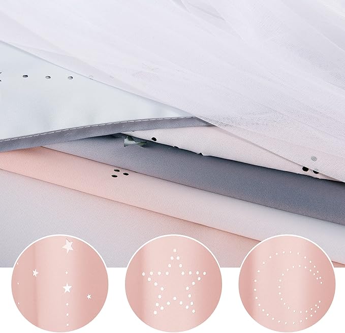 NICETOWN Blackout Moon Stars Kids Curtains for Girls Bedroom Aesthetic Decor Colorful Cute Double Layer Stripe Rainbow Window Wall Home Decoration Curtain, 2 Panels, W52 x L84 Inches, Pink & Grey