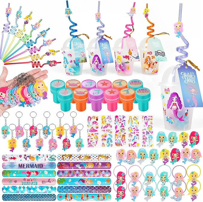 MOVINPE Mermaid Party Favors Personalize Goody Cups with Gift Tags, Filled with Mermaid Themed Reusable Straws Stampers Slap Bracelets Keychains Hair Ties Rings 3D Stickers for Girls