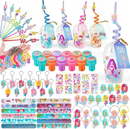 MOVINPE Mermaid Party Favors Personalize Goody Cups with Gift Tags, Filled with Mermaid Themed Reusable Straws Stampers Slap Bracelets Keychains Hair Ties Rings 3D Stickers for Girls