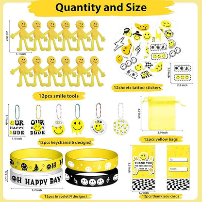 72PCS One Happy Dude Birthday Party Favor for Kids Smile Face Theme Gifts Set Include Bracelet Tatto Thank You Card with Keychain and Organza Smile Party Classroom School Supplies