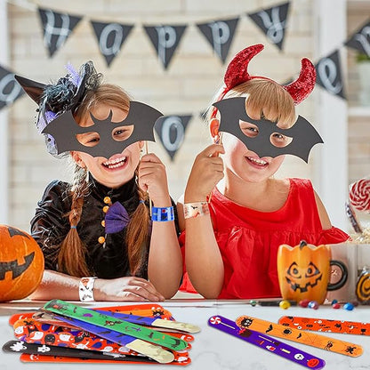 JUNEBRUSHS 56 PCS Halloween Slap Bracelets Halloween Party Favors Snap Bracelets Bulk Halloween Toys for Kids Girls Boys Birthday Party Supplies