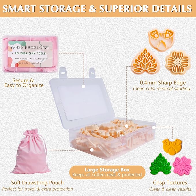 65 Pcs Flower, Leaf & Animal Polymer Clay Cutters Set, Clay Cutters Shapes for Earrings & Jewelry Making, Bunny Butterfly Bee Bird with Storage Box (YANSH PROGLOBAL)