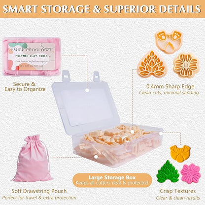 65 Pcs Flower, Leaf & Animal Polymer Clay Cutters Set, Clay Cutters Shapes for Earrings & Jewelry Making, Bunny Butterfly Bee Bird with Storage Box (YANSH PROGLOBAL)