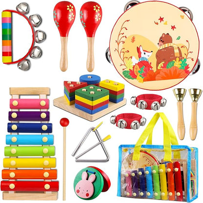 LOOIKOOS Baby Musical Instruments for Toddlers,Wooden Percussion Instruments Tambourine Xylophone Toys for Kids Preschool Education Early Learning Musical Toy for Boys and Girls
