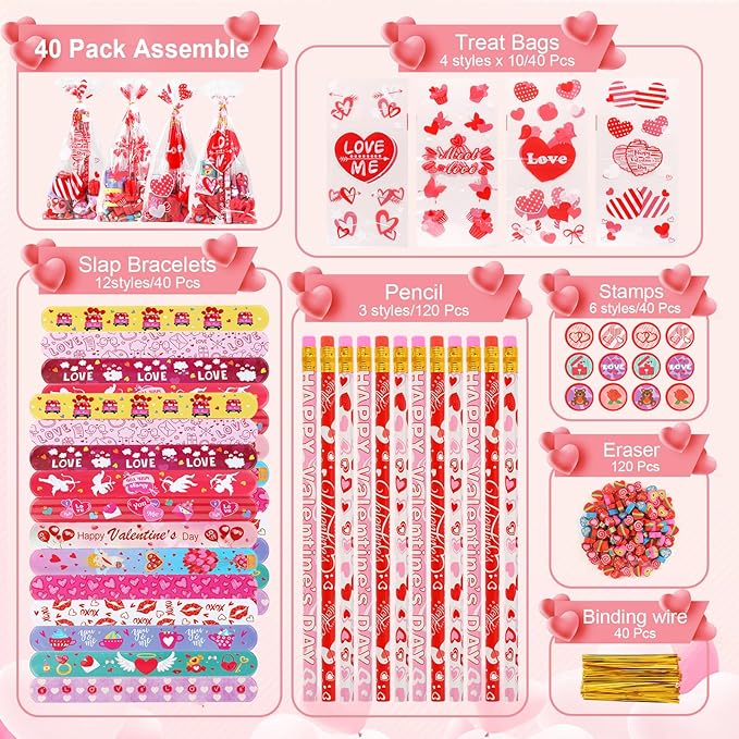40pack 360x Valentine's Day Stationery Party Favors Bulk: Valentine's Pencil Eraser Slap Bracelets Stamps Treat Bags for Kids Classroom Gift Exchange School Games Prizes Reward Prizes Carnival Events