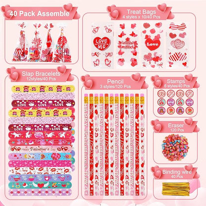40pack 360x Valentine's Day Stationery Party Favors Bulk: Valentine's Pencil Eraser Slap Bracelets Stamps Treat Bags for Kids Classroom Gift Exchange School Games Prizes Reward Prizes Carnival Events