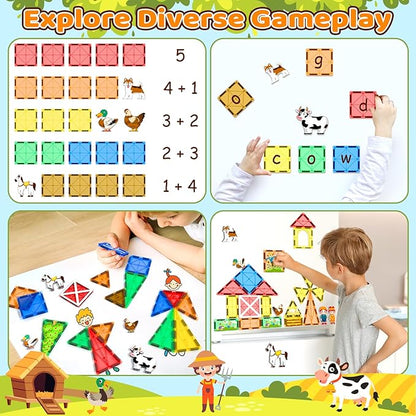 Magnetic Tiles Toys with Farm Animals for 3+ Year Old Toddler, Magnetic Blocks Building Toys for Kids Ages 3-5 5-7 Girls Boys, Classroom Must Haves