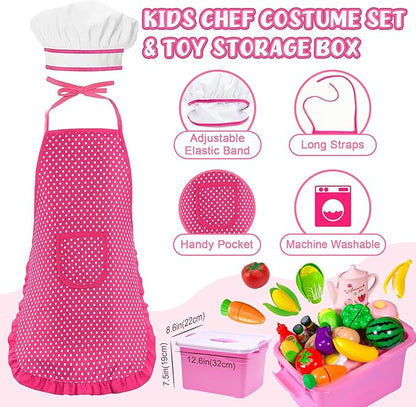 121Pcs Play Kitchen Accessories, Kids Kitchen Playset, Pretend Play Food Tea Party Set, Toy Kitchen Kids Cooking Real with Apron＆Chef Hat, Utensils Cookware Pots＆Pans, Toy Organizer, Toddler Toys Gift