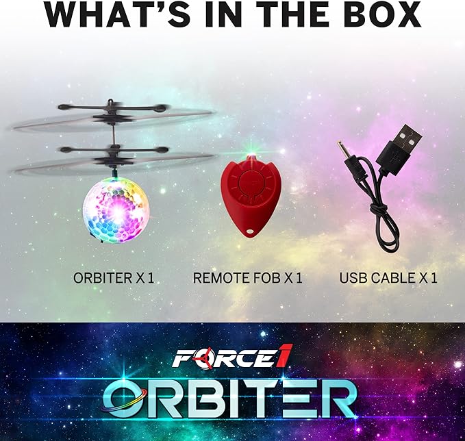 Force1 Orbiter Flying Orb Ball Toy Hand Operated Spinner Drones for Kids - Mini UFO Drone Toys with Remote, Rechargeable LED Indoor Floating Hover Hand Controlled Orb Toys