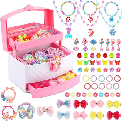 Kids Jewelry for Girls, 68Pcs Toddler Jewelry Toys Princess Dress Up Jewelry Set, Necklaces, Bracelets, Kids Rings, Hair Ties, Hair Clips, Funny Christmas Birthday Gifts for 3 4 5 6 7 8 Year Old Girl