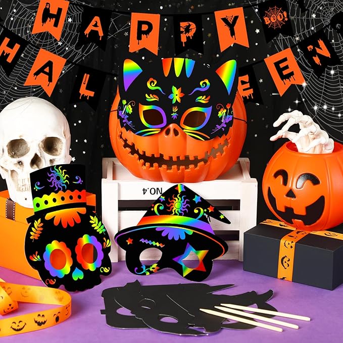 AUGSUN Halloween Crafts, Rainbow Scratch Mask for Halloween Party Favors Supplies Magic Scratch Paper Art Mask for Kids