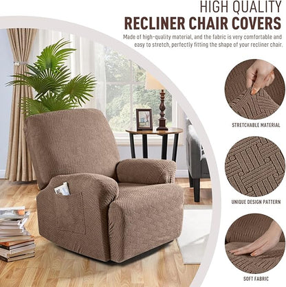 KinCam Recliner Covers, Stretch Reclining Chair Covers, Recliner Sofa Slipcovers Stripe Jacquard Recliner Couch Covers Furniture Protector Covers for Pet Kid (1 Seater, Light Coffee)